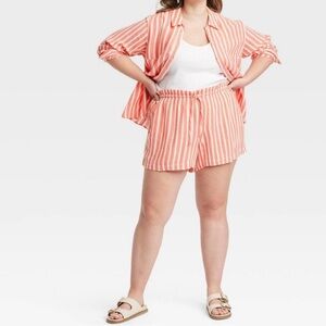 Universal Thread Linen Striped Orange and White Button-Up Shirt and Shorts Set